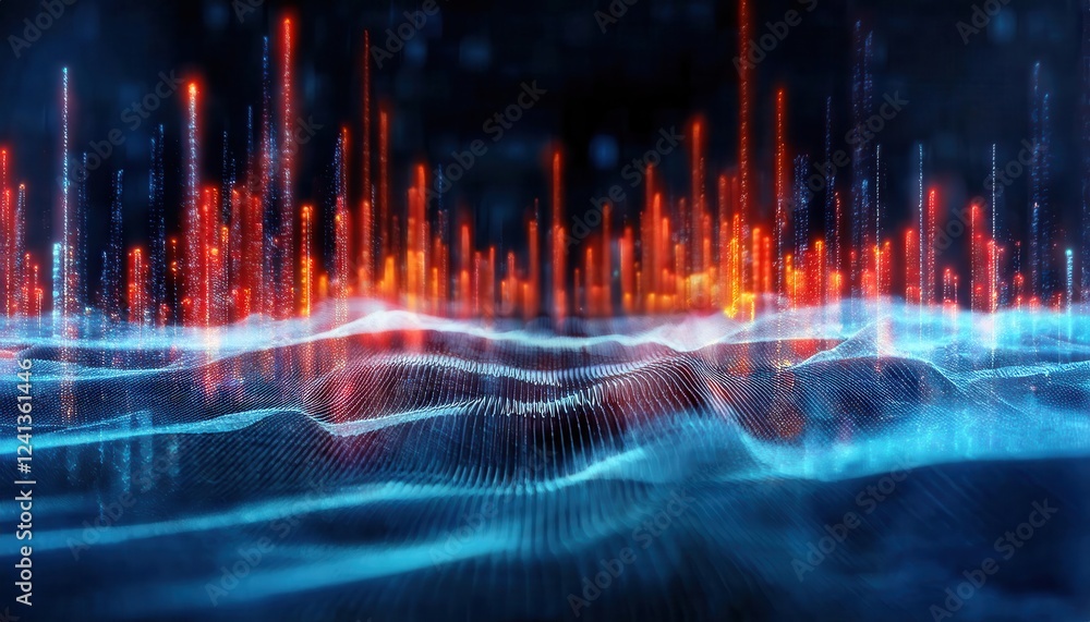 Poster digital data wave with glowing red and blue light patterns, futuristic abstract technology landscape for analytics design