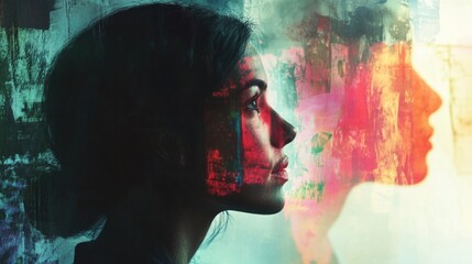 Profile of a thoughtful and introspective young woman gazing to the right amidst an abstract overlay of colorful textures and patterns in a vibrant urban setting