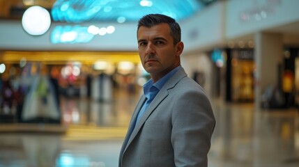 Obraz premium Confident middle-aged businessman wearing light gray blazer and blue shirt, posed in modern shopping mall with vibrant lighting and retail displays.