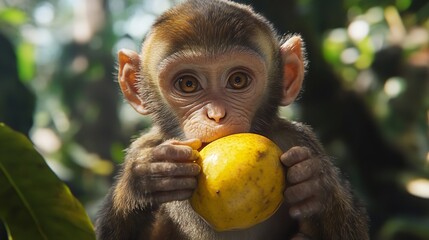 Fototapeta premium Adorable Baby Monkey Eating a Fruit in a Lush Forest