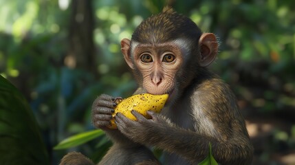 Close-up of a monkey eating a mango in a lush jungle.