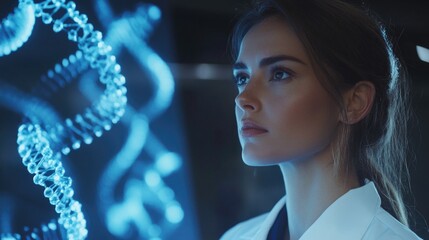 Professional female doctor observing glowing DNA molecule strands in a modern laboratory with blue accents and dramatic lighting.