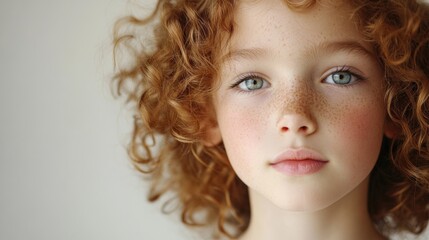 Fototapeta premium Portrait of a young girl approximately 7 years old with curly auburn hair and freckles, displaying soft features against a neutral background.