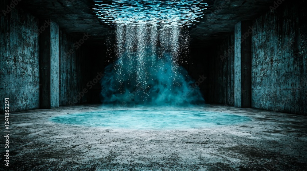 Poster the scene presents dark light blue particles in an abstract background, accompanied by falling and f