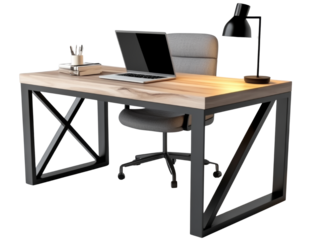 PNG Modern Office Desk Setup with Laptop and Chair, transparent background