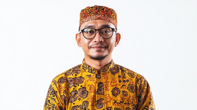 Confident middle-aged man wearing glasses and traditional KORPRI Batik uniform with intricate patterns against a bright white background.