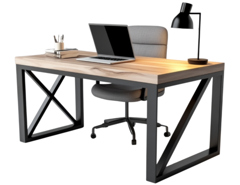 PNG Modern Office Desk Setup with Laptop and Chair, transparent background