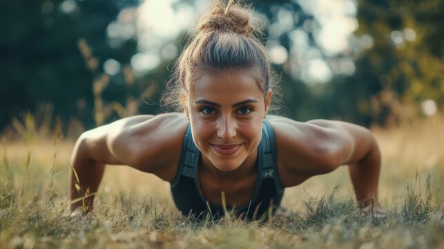Smiling young adult woman performing push-ups outdoors in a green grassy field during daylight showcasing athletic physique and fitness focus - Powered by Adobe