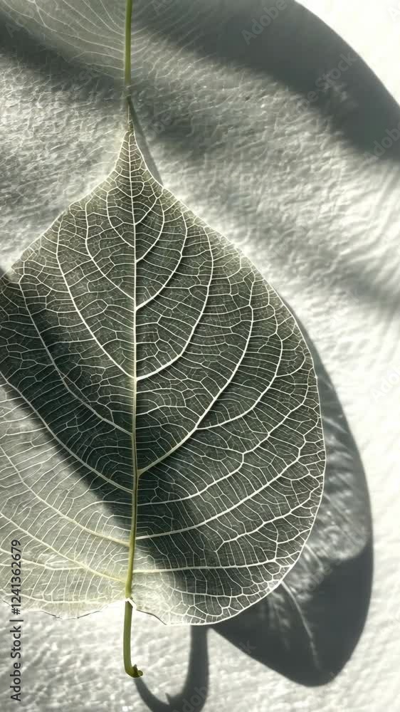 Poster detailed close-up of a translucent leaf showcasing intricate vein patterns and soft shadows in natur