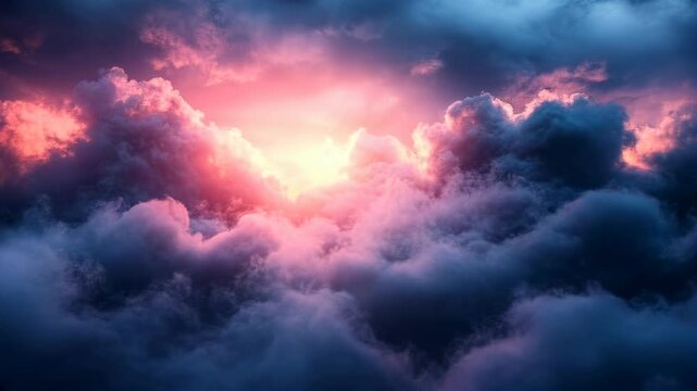 Dramatic cloudscape at sunset, vibrant colors of pink, red, and purple in the clouds, dramatic lighting illuminates the clouds from behind, creating