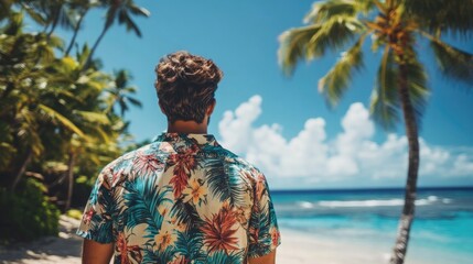 Man in vibrant tropical shirt and swimwear standing on idyllic sandy beach with blue ocean and lush palm trees under clear sky