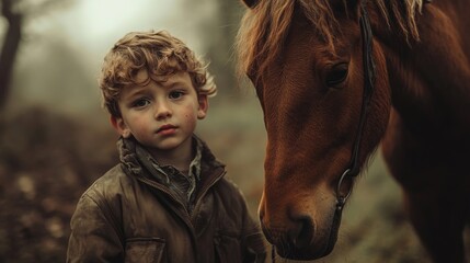 Fototapeta premium young boy with curly hair standing beside brown horse in misty forest environment wearing dark jacket and looking at camera with calm expression