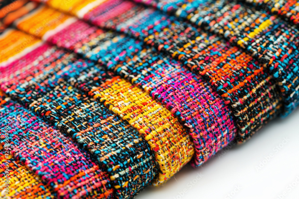 Aufkleber macro view of vibrant tweed fabric showcasing intricate texture and colorful threads on a minimalist