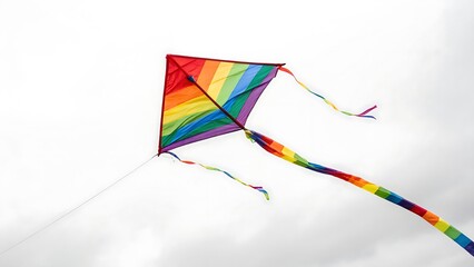Rainbow kite with long tail flying against cloudy sky colorful