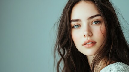 Fototapeta premium Portrait of a young confident woman with long dark hair and light skin, against a soft gray background, ideal for business presentations and marketing.