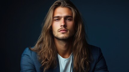 Elegant young man with long brown hair posing in a dark studio setting, wearing a blue blazer and white shirt, displaying a confident expression.