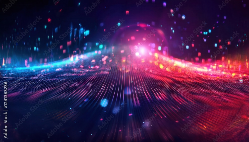 Poster colorful digital wave landscape with glowing neon lights for futuristic technology, data visualizati