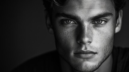 Captivating monochrome close-up portrait of a handsome young man with striking freckles and expressive eyes, set against a dark background.