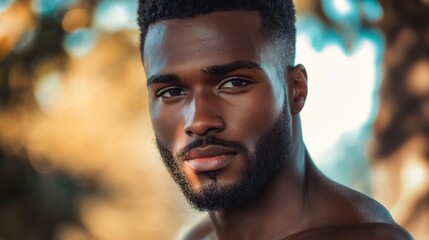 Fototapeta premium Close-up portrait of confident young Black man with short curly hair and a well-groomed beard against a softly blurred natural background in warm golden tones.
