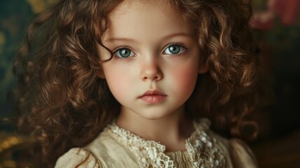 Fototapeta premium Portrait of a beautiful young girl with voluminous brunette curly hair wearing a vintage cream-colored dress, set in a softly illuminated indoor environment.