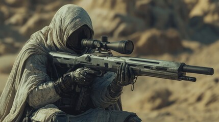 Fototapeta premium Desert Sniper: A Lone Figure in the Sands