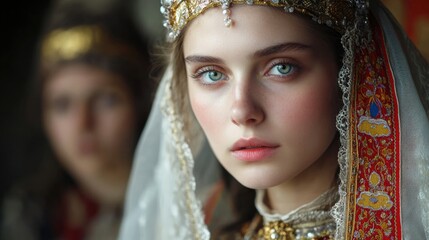 Fototapeta premium Elegant young bride adorned in traditional wedding attire with intricate headpiece and veil, featuring striking blue eyes, soft facial features, and a serene expression, captured in a warm, softly-...