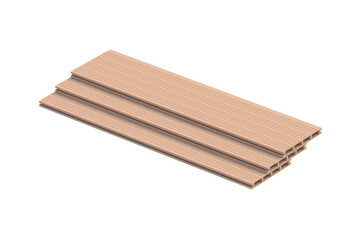 Row of decking board isolated on white background. Siding planks. Modern composite panel for terrace. 3d render