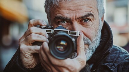 Mature man with gray beard capturing moment using vintage camera outdoors in urban setting with soft natural light and focus on expressive eyes