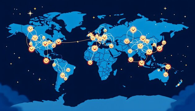 Global Connection Happy Emojis World Map Illustration