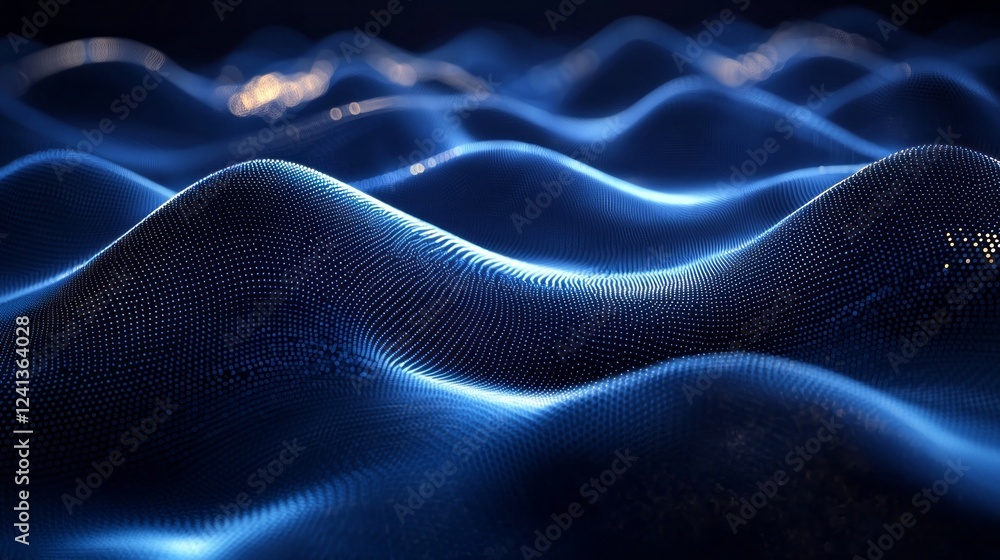 Poster in a dimly lit space, intricate waves shimmer in shades of blue, creating a rhythmic dance of light 