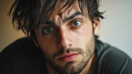 Fototapeta premium Close-up portrait of a young adult man with messy dark hair and intense green eyes expressing worry and concern, featuring natural light and soft neutral background tones.