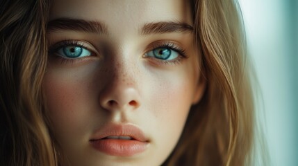 Obraz premium Close-up portrait of young woman with flawless skin and natural makeup, featuring long wavy brown hair and striking blue eyes, soft lighting ambiance.