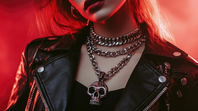 Rocker woman in black leather jacket adorned with silver chains and skull pendant against smoky red background showcasing edgy fashion and bold makeup