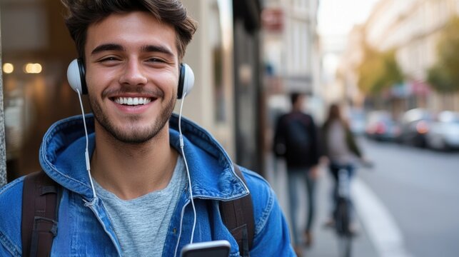 Young hipster man with headphones and smartphone smiling in urban street setting, wearing denim jacket, enjoying music outdoors with bike in background