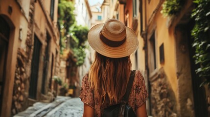 Obraz premium Latina woman exploring charming narrow street in historic European city, wearing straw hat and floral dress, surrounded by stone buildings and lush greenery.