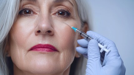 Close-up of a mature woman receiving a cosmetic injection in a clinical setting, with soft lighting