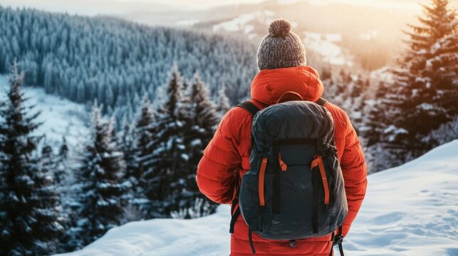 Traveler in red jacket with backpack standing on snow-covered mountain slope, enjoying winter landscape with pine trees in background.
