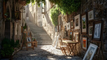 Fototapeta premium Photo of an alleyway in the ancient city center, walls covered with framed pictures and art pieces 