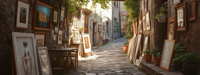 Fototapeta premium Photo of an alleyway in the ancient city center, walls covered with framed pictures and art pieces 