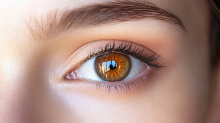 Fototapeta premium Close-up of a young Caucasian woman's captivating brown eye with smooth skin and delicate lashes, showcasing natural beauty and clarity.