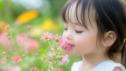 Fototapeta premium Sweet preschool girl with dark hair smelling pink wildflowers in a vibrant garden filled with colorful blooms during a sunny day