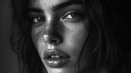 Close-up monochrome portrait of a beautiful woman with healthy skin, natural makeup, curly dark hair, and freckles, emphasizing facial features and expressions.