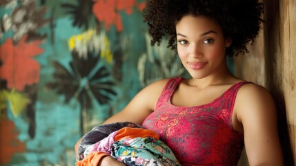 Fototapeta premium Expectant Afro-American woman with curly hair wearing a vibrant pink tank top, holding colorful baby clothes against a floral backdrop in warm tones.