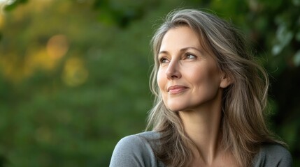 Naklejka premium Relaxed middle-aged woman with long gray hair looking thoughtfully away in a green natural setting embodying confidence and positivity