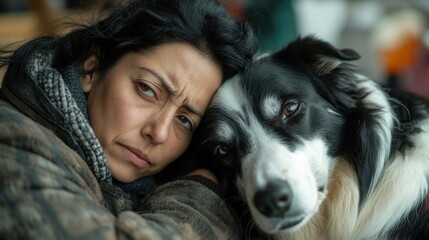 Emotional bond between a woman and her ill border collie at a veterinary clinic showcasing love and concern during difficult times.