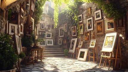 Fototapeta premium Photo of an alleyway in the ancient city center, walls covered with framed pictures and art pieces 