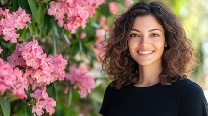 Naklejka premium Portrait of young adult Latina woman with curly brunette hair wearing black t-shirt standing amid vibrant pink oleander flowers in springtime setting