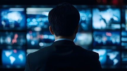 Corporate Executive Watching Live News Broadcast with Translation Subtitles