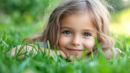 Smiling young girl with long brown hair resting on green grass in a sunny outdoor setting, enjoying nature and playfulness.