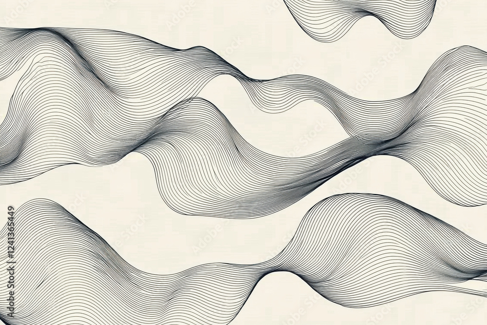 Poster minimalist abstract pattern of black lines creating modern wave designs on a soft cream backdrop for